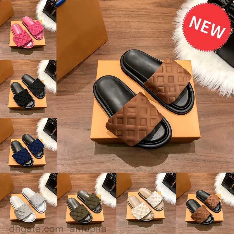 

Luxury mens slipper designer sandal Pool Pillow Flat Comfort Embossed Mules with box Sandals women shoes pink triple black beige copper ivory summer beach slides, 01 pink