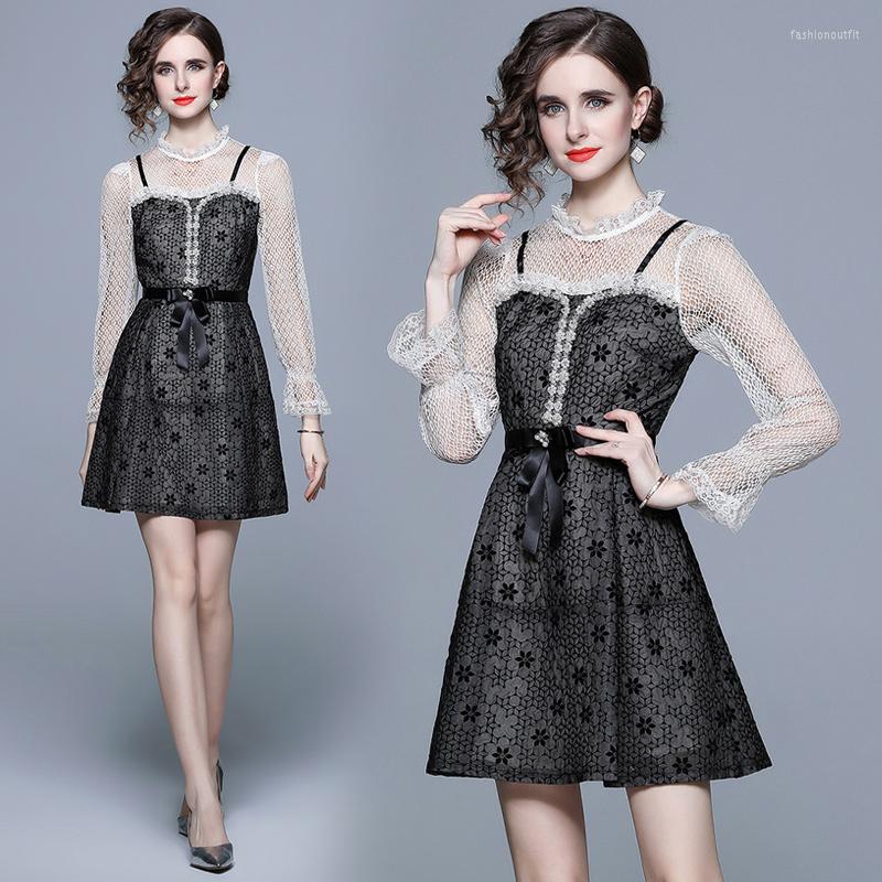 

Casual Dresses Women' Spring And Summer High-end Temperament Round Neck Flare Long Sleeve Bow With Diamond Mesh Hollow Panel Dress, Black