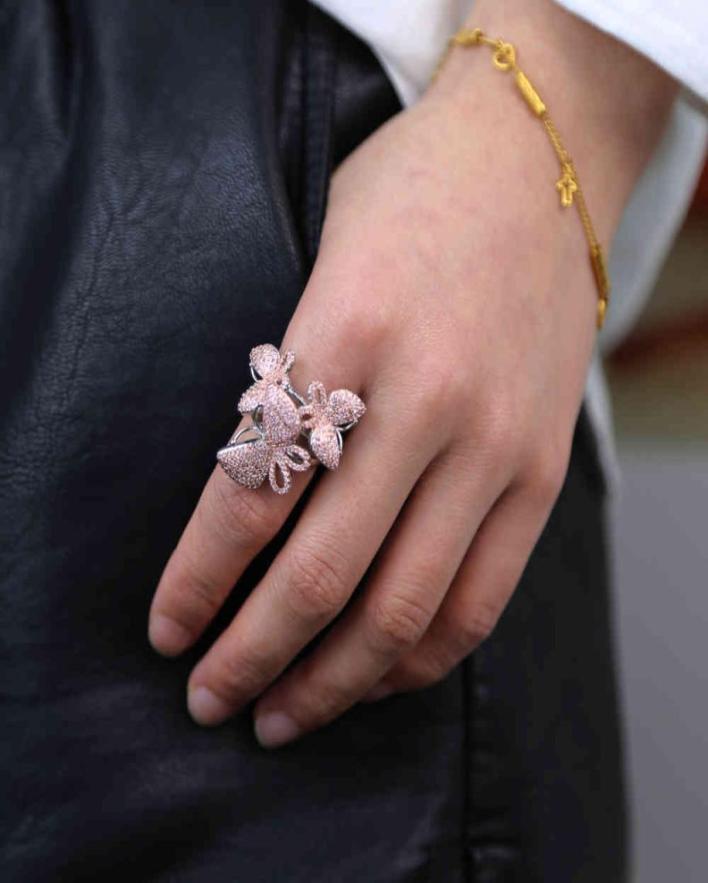 

2021 Iced out bling women micro pave pink cz 3 pcs butterfly cocktail finger ring trendy lady jewelry3151413