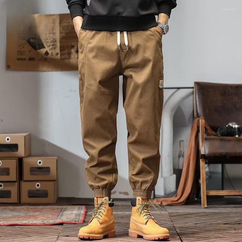

Men's Pants Men 2023 Spring Autumn Pocket Drawstring Waist Joggers Pant Male Solid Color Loose Trousers Casual Cargo H182, Khaki
