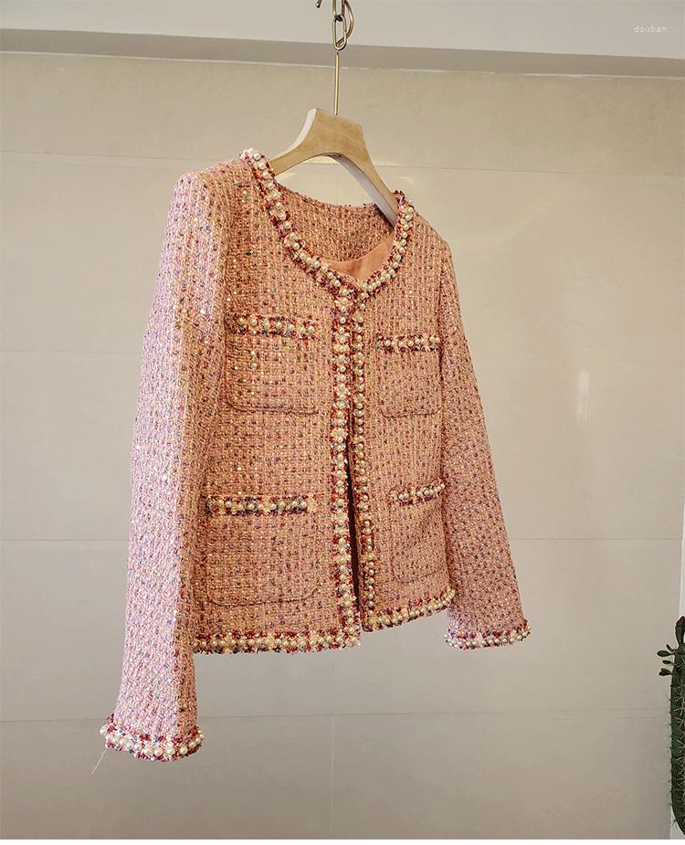 

Women' Jackets 2023 Autumn Fashion O-neck Beading Paillette Lurex Shinny Bling Tweed Woolen Single Breasted Jacket Coat, Pink