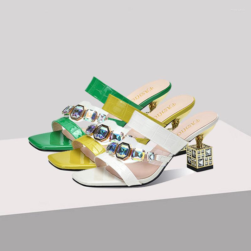 

Slippers Green Sandals For Women's 2023 Rhinestone Open-toe Patent Leather Half Fashion One Word Drag Small Size