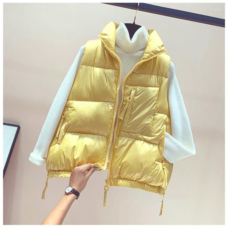 

Women's Vests Autumn Winter Coat Vest Women Zipper Stand Collar Short Bright Color Cotton Padded Jacket Sleeveless Female, Black