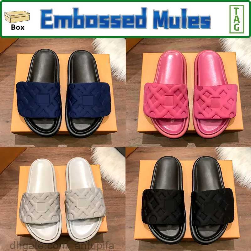 

With Box Embossed Mules Slippers Mens Pool Pillow Comfort Slides Copper Triple Black Deep Blue Khaki Pink Ivory Beige Men Women Slides, 01. ivory