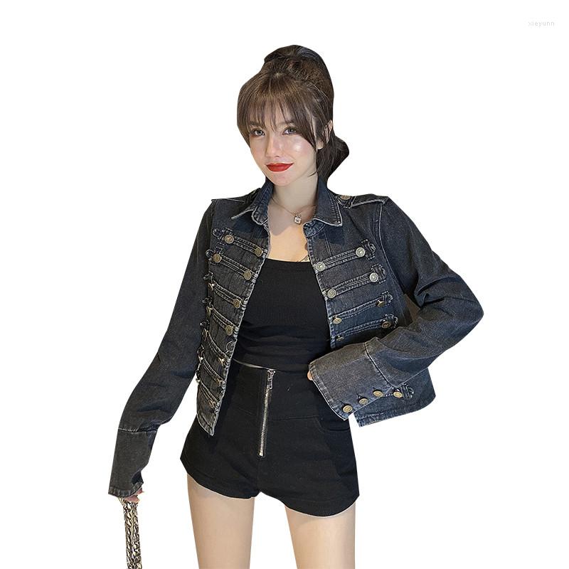 

Women's Jackets 2023 Retro Military Style Handsome Stand Collar Denim Female Double-breasted Old Wild Short Outerwear, Picture color