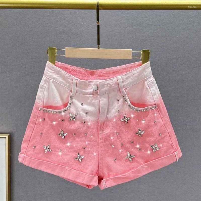 

Women' Shorts Gradient Exquisite Rhinestone Diamond Denim Women 2023 Fashion Summer High Waist Slimming Wide Leg Jeans Pants, Pink