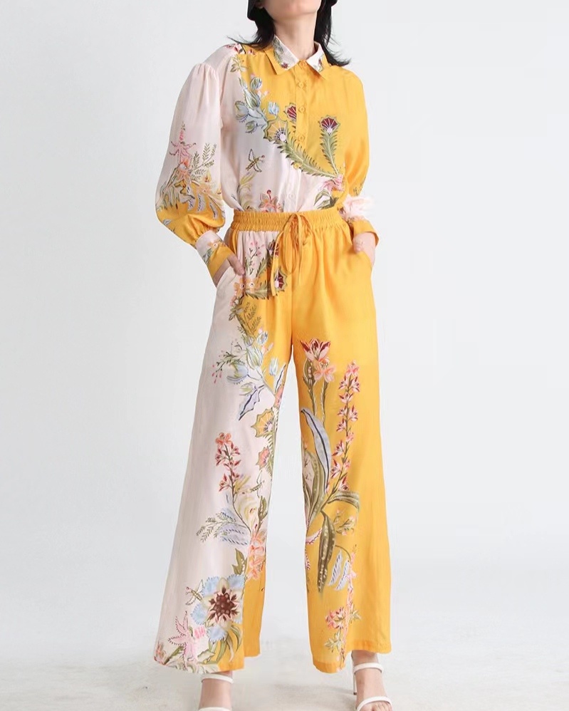 

New couture two-piece pants color matching printed loose shirt high waisted wide leg pants casual fashion two piece set women, Yellow
