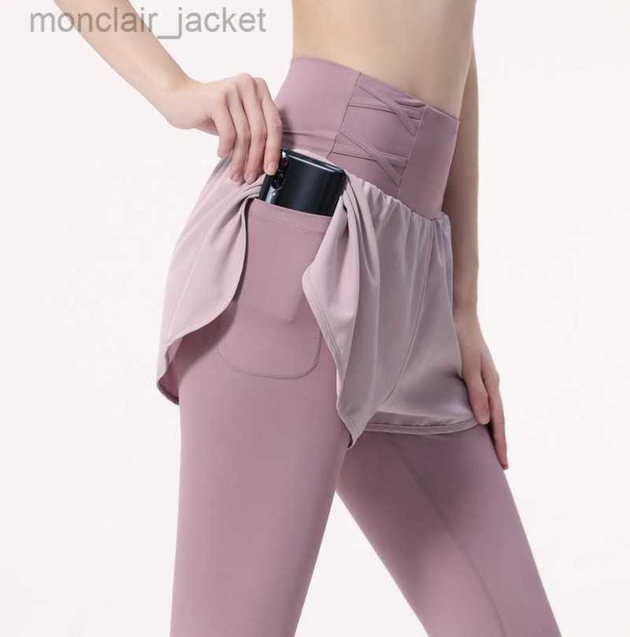 

2023 Designer Women Leggings Two Pieces of Women Fake High Waist Abdominal Contraction Fitness Yoga Slim Fit Natural Covering and Slimming Cropped Pants Luyoga, Black