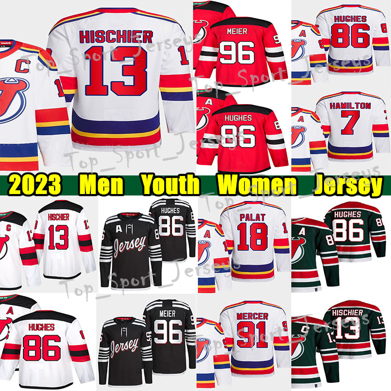 

#86 Jack Hughes Reverse Retro hockey jersey #13 Nico Hischier #7 Dougie Hamilton Ondrej Palat Martin Brodeur Dawson Mercer Jesper Bratt Timo Meier Scott Stevens jerseys, White youth