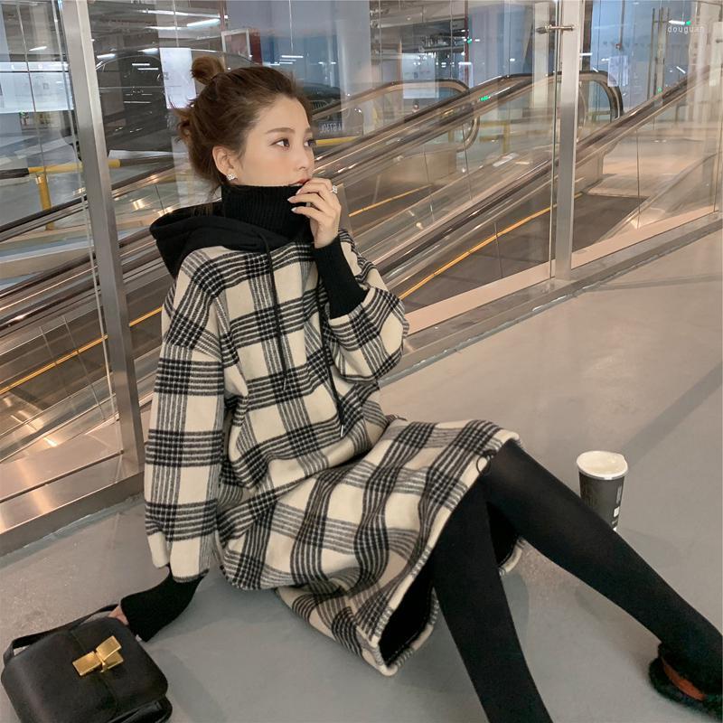 

Women' Hoodies Loose Dress Fashion Coats Plaid Pullover Design Plus Size Female Tide O-Neck Casual Streetwear Women' Long Sleeve, As photo