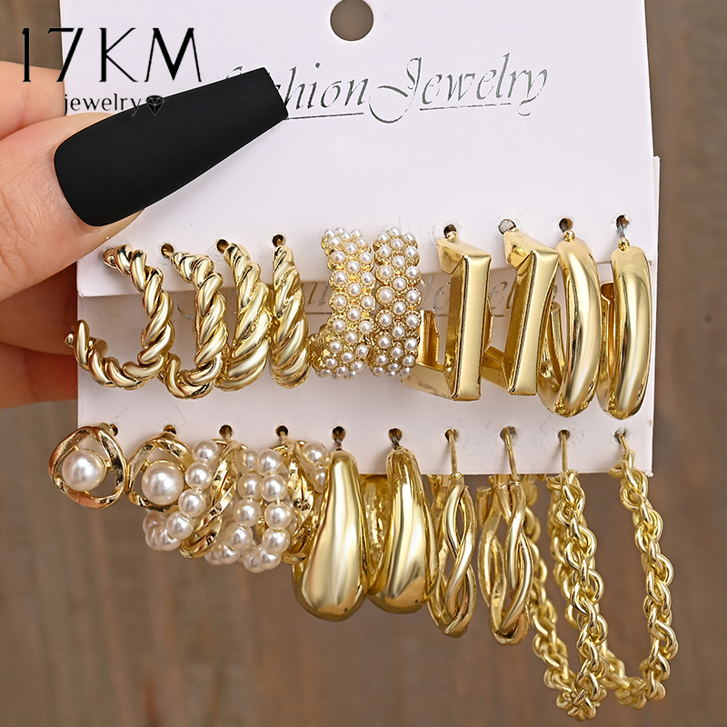 

17KM Geometric Pearl Hoop Earrings for Women Metal Gold Color Dangle Earrings Set Hollow Circle Earrings Fashion Twist Jewelry