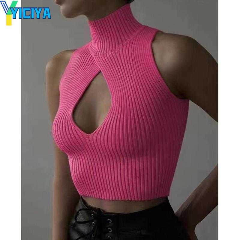 

YICIYA Women's Tanks Sexy Turtleneck Slim Fit Tank Top Elastic Hollow Rib Knit Sweater Crop Tops Women Sleeveles Y2K Clothes High Street Vest 2023, Beige