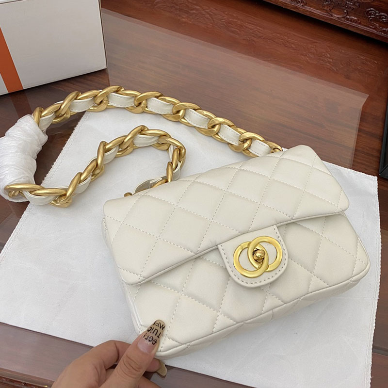 

Fashion Designer Handbag 22s Flap Bag With Bold Gold Chain Bag Women's CrossBody Purses Official Imported Genuine Leather From France Wallet Size 24x14cm, White 20*15cm