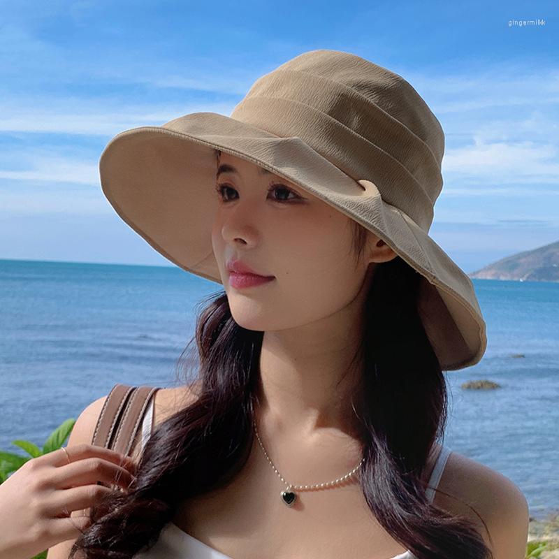 

Wide Brim Hats Summer Bucket Hat For Women Big Outdoor Soft Solid Color Sun Portable Foldable Panama Cap Lady Caps Travel, Black