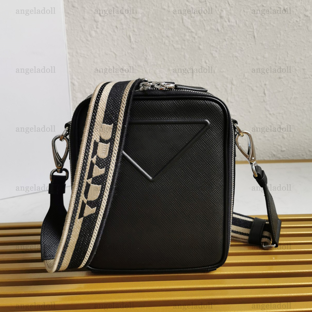 

10A Mirror Quality Designers Mini Saffiano Leather Bag 19cm Triangle Logo Handbag Luxury Black Double Zipper Purse Crossbody Shoulder Fabric Strap Bag With Box, Deep blue