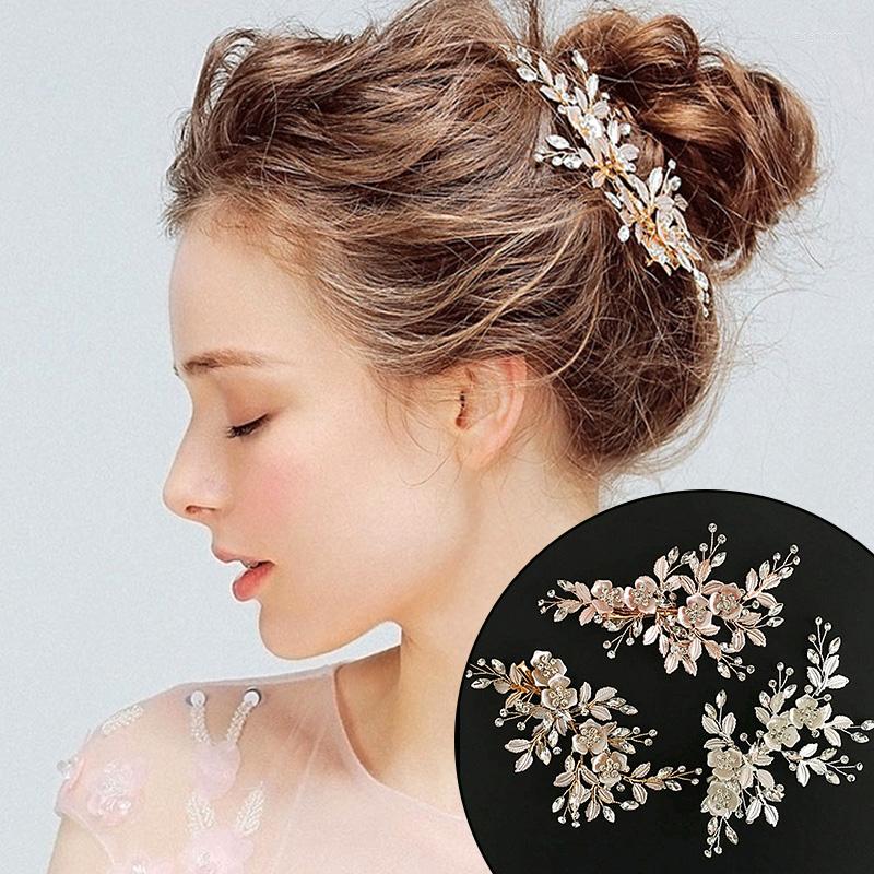 

Headpieces Women Hair Clips Rhinestone Flower Leaf Headpiece Barrettes 1PC Golden Handmade Wedding Gift Accessories Jewelry Bride