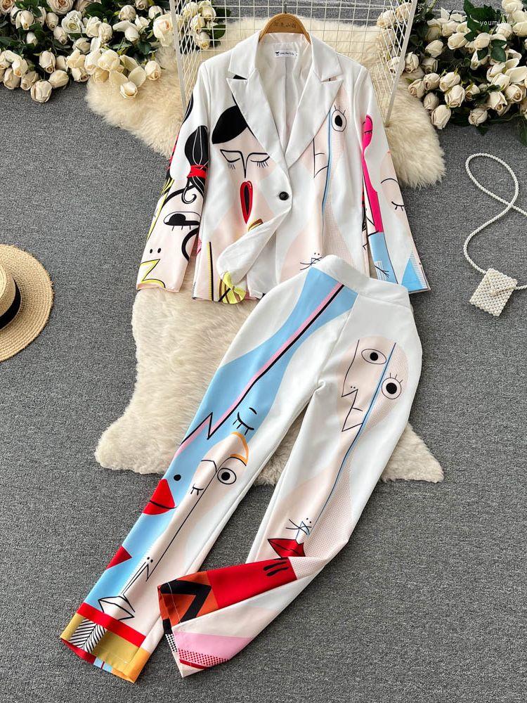 

Women's Two Piece Pants Fashion Designer Suit Spring Autumn Women Long Sleeve Single Button Tops Floral Print Pocket Trousers Two-piece Set, 6747