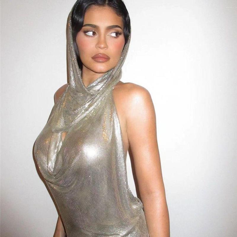 

Women's Tanks Women Sexy Summer Metal Suspender Top Backless Halterneck Sequins Tank Turban Two Piece Set Nightclub Camis, Silver