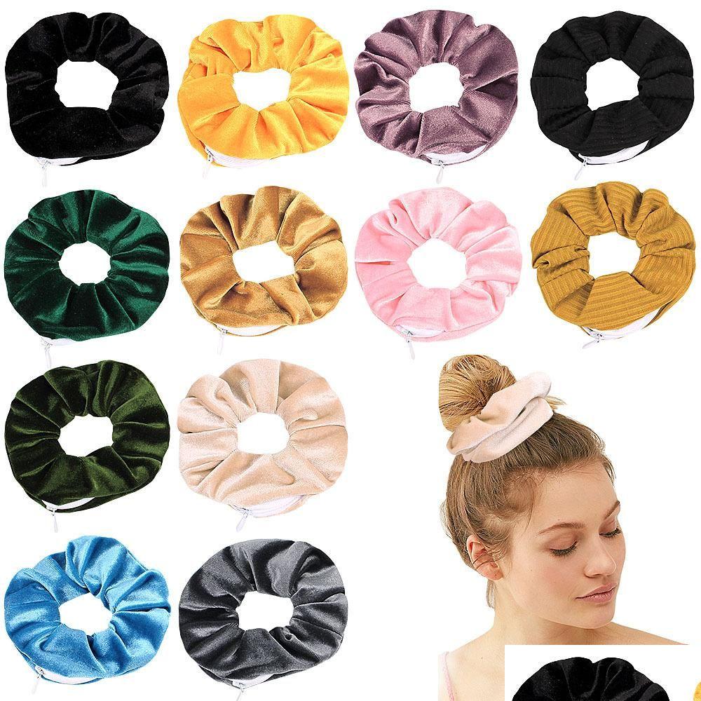 

Pony Tails Holder Zipper Veet Scrunchie Women Girls Elastic Headwear Headdress Hair Bands Fashion Accessories Tie Rope Ring Drop Del Dhmyx