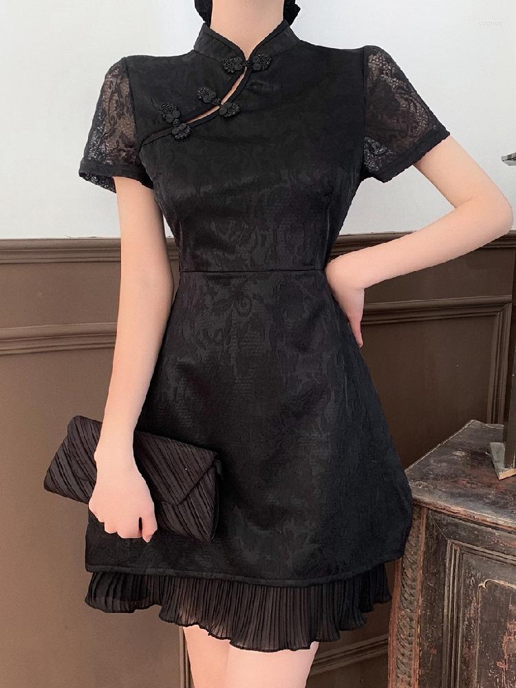 

Party Dresses Elegant Office Slim Balck Chinese Totem Women Dress Summer Sweet Knot Short Sleeve Hips Mini Ladies Female 2023, Black