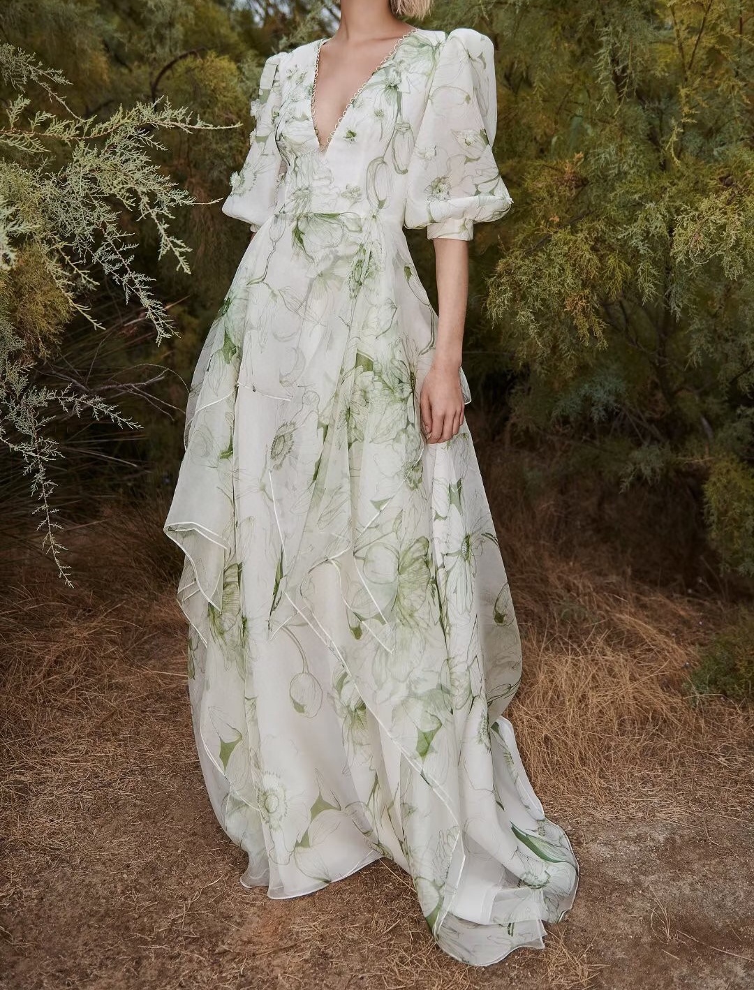 

2023 maxi dress for women dresses beach dress with bubble sleeves printed long skirt with waist up and large hem women' clothing, Multi