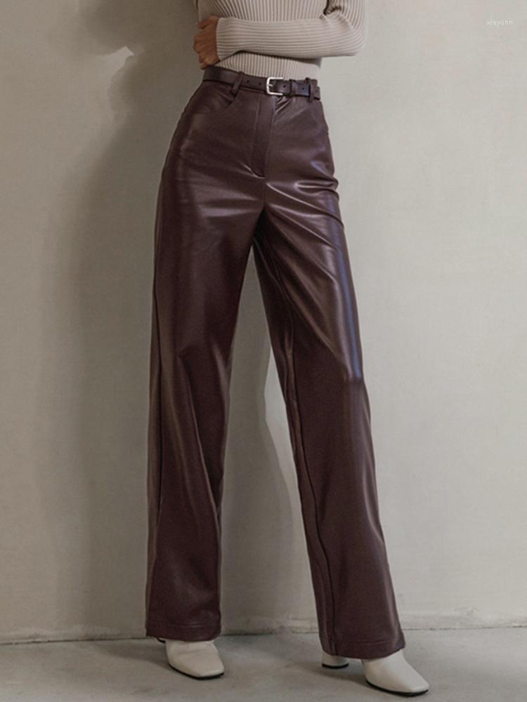 

Women's Pants Sumuyoo Elegant Casual Straight Leather Solid Split Female High Waist Fashion Temperament Pant For Women Spring Style, Black