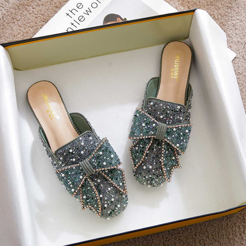 

NXY Slippers Square Toe Paillette Beads Mules Women Slippers Summer Shoes Woman Sandals Flip Flops Pearl Bling Glitter Slides Plus Size 34-43 230511, Green