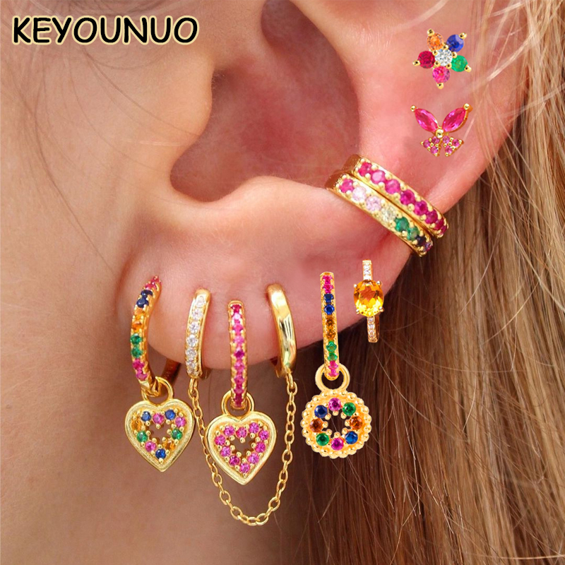 

KEYOUNUO Gold Filled Dangle Hoop Earrings Set For Women Ear Cuffs Colorful Zircon Stud Earrings Fashion Party Jewelry Wholesale