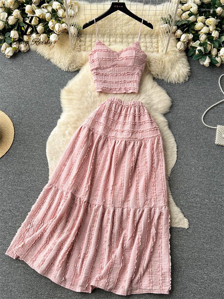

Work Dresses SINGREINY Summer Lace Patchwork Beach Two Pieces Sets Women Sexy Camisole A Line Long Skirt Fashion Elastic Bohemian Suits, Black
