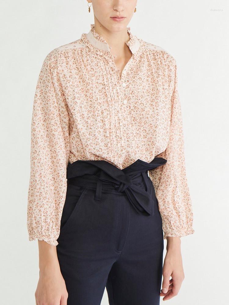 

Women's Blouses Women Floral Print Stand Collar Pleated Blouse 2023 Summer Female All-Match Lace Single Breasted Long Sleeve Shirt Tops