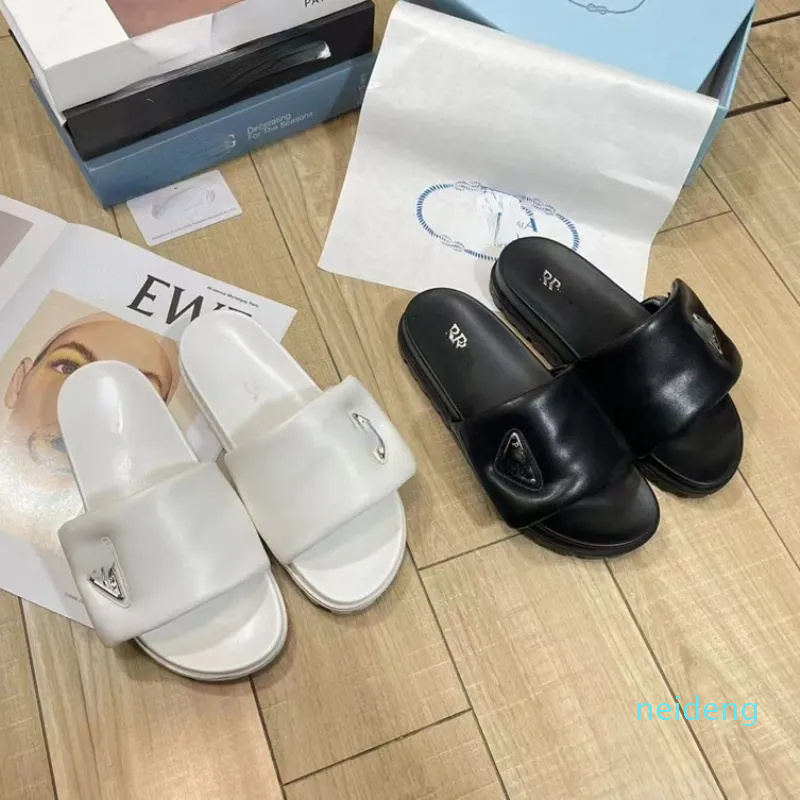 

Designer -Luxury Women's Slippers Metal Triangle Applique Leather Thick Sole Non Slip Brand Sandals, White