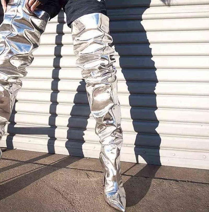 

Women039s Overtheknee Boots Runway Stilettos Pointed Toe Mirror High Heels Party Shoes Nightclub Demonia Botas Femininas 22071743433, Silver