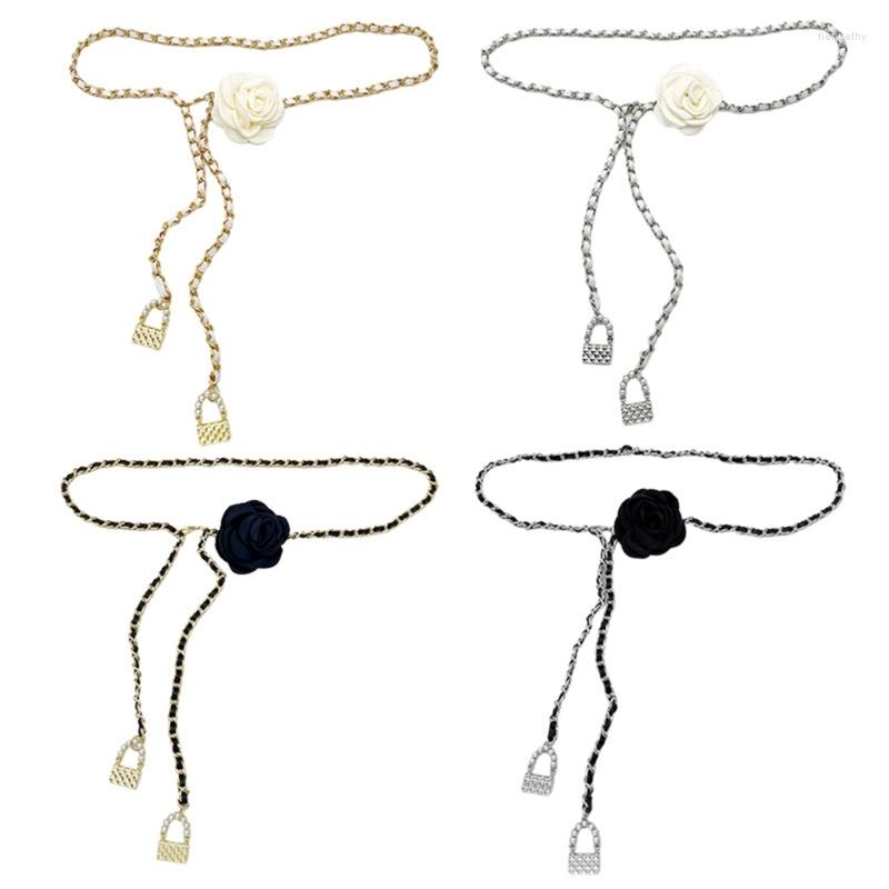 

Belts Metal Waist Chain Belt Flower For Women Dress Belly Jeans Lock Pendant, Black