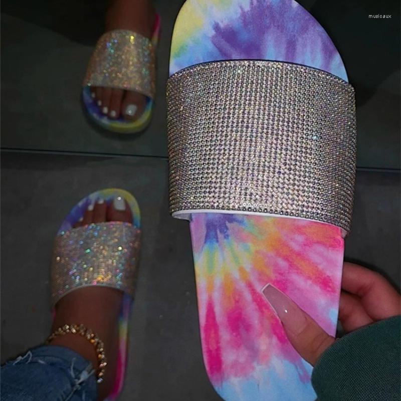 

Slippers Summer 2023 Word Rainbow Rhinestone Female Europe And The United States Flat Large Lady Sandals, Pink
