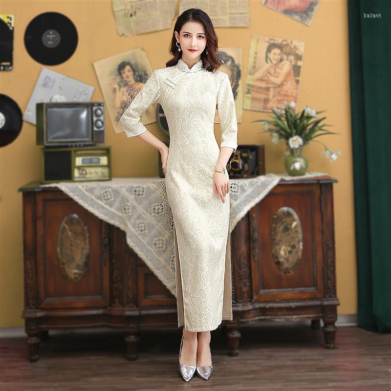 

Ethnic Clothing Sheng Coco Sexy Lace White Evening Cheongsam Long Sleeve Woman Modern Qipao Chinese Dress Oriental Style Vestido Chines