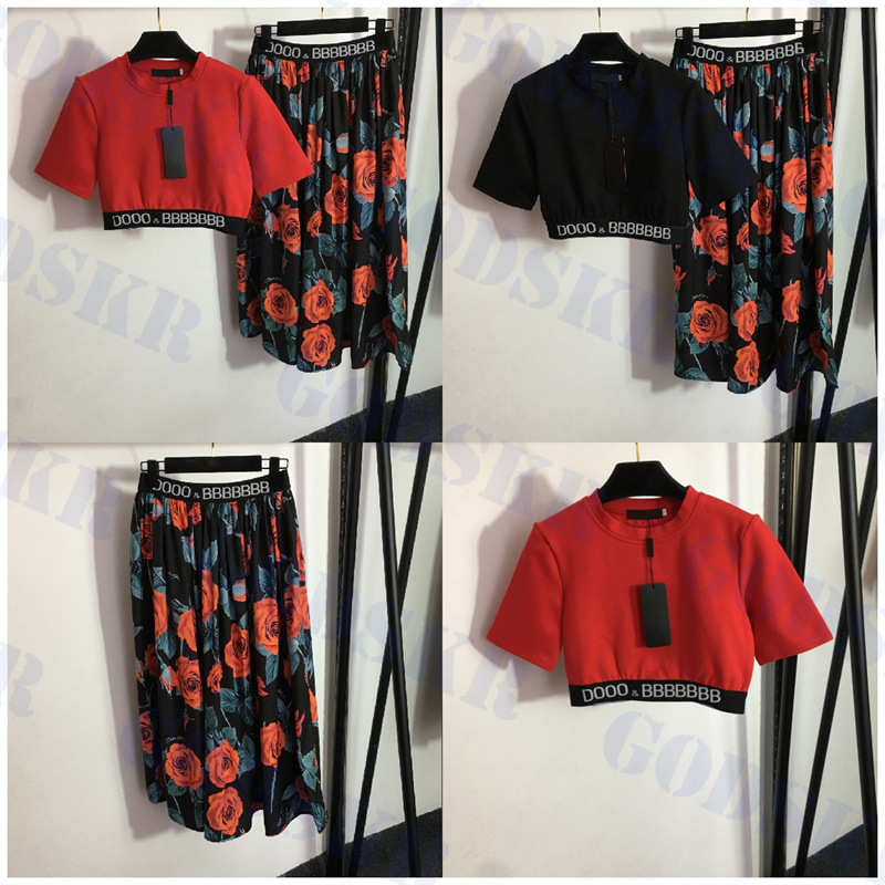 

Rose Pattern Two Piece Dress Letter Ribbon T Shirt High Waist Skirt For Women Fashion Short Tops, Pls contact me real pic
