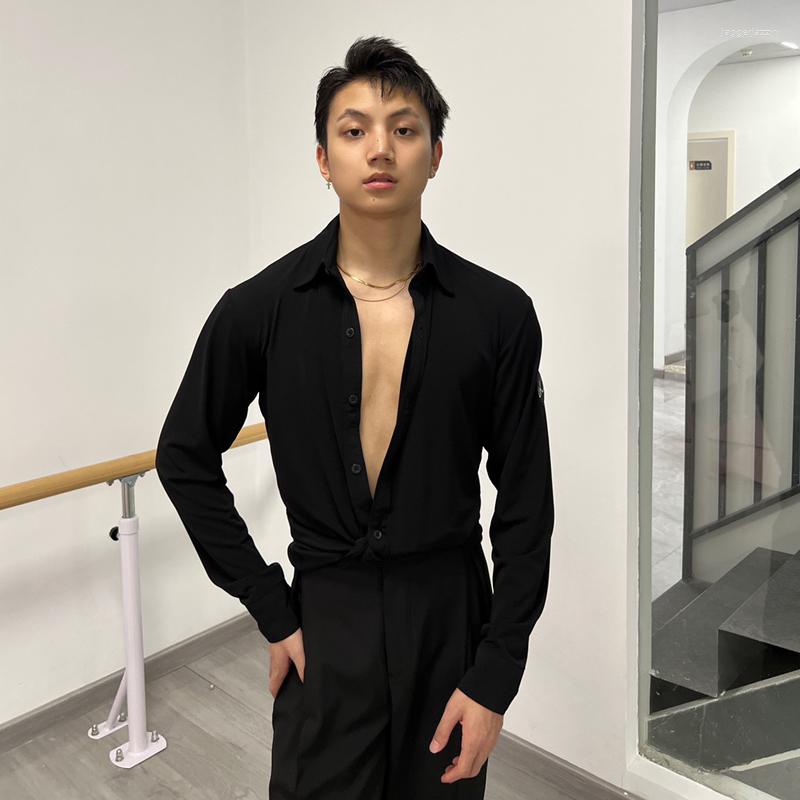 

Stage Wear Latin Dance Tops For Men Loose Linen Shirt National Standard Professional Clothes Adult Costumes DQS12797, Black