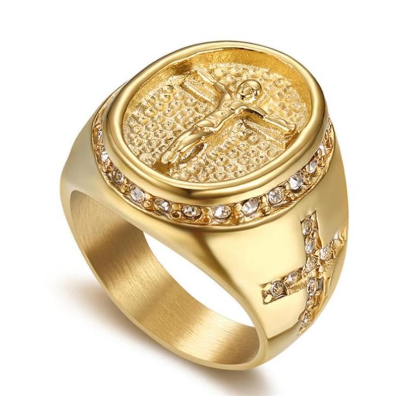

Hip Hop Iced Out Jesus Cross Ring Gold Color Stainless Steel Rings For Men Religious Jewelry Drop Bague homme S5992897