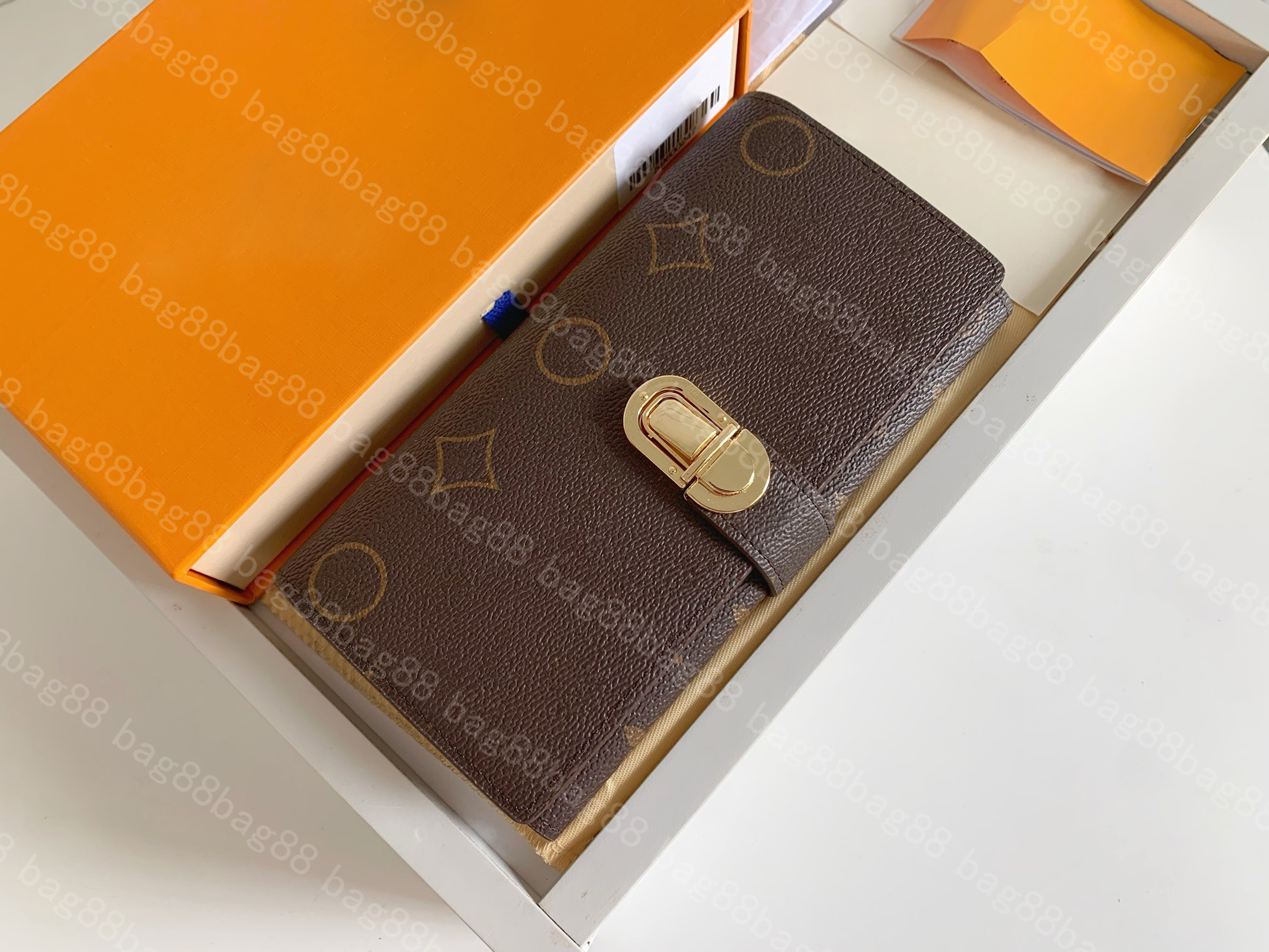 

Designer Wallet Top Real Leather Wallet For Women Zipper Long Card Holders Coin Purses Woman Clutch Wallets 20 card slots and 2 photo frame positions M58288, Brown grid/brown