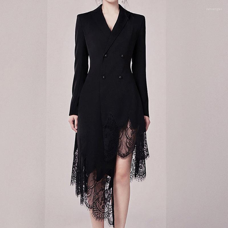 

Casual Dresses SuperAen 2023 Notched Suit Jacket Office Lady Black Autumn Winter Full Lace Patchwork For Women