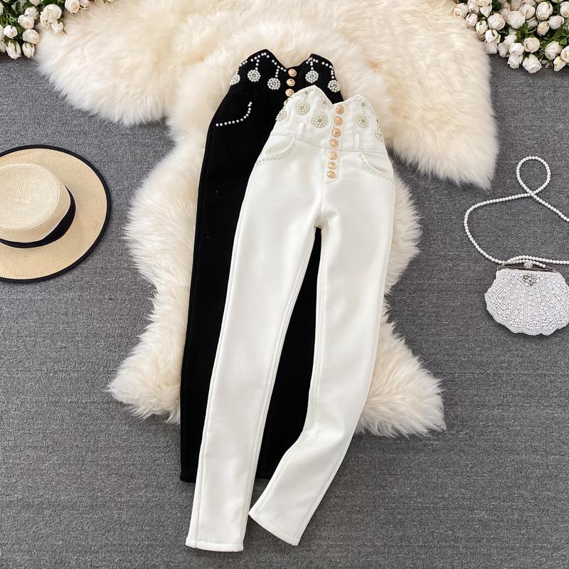 

Women's Pants 2023 Autumn Winter Fleece Skinny High Waist Leggings Women's Outer Wear Korean Heavy Beads Stretch Slim Black, White