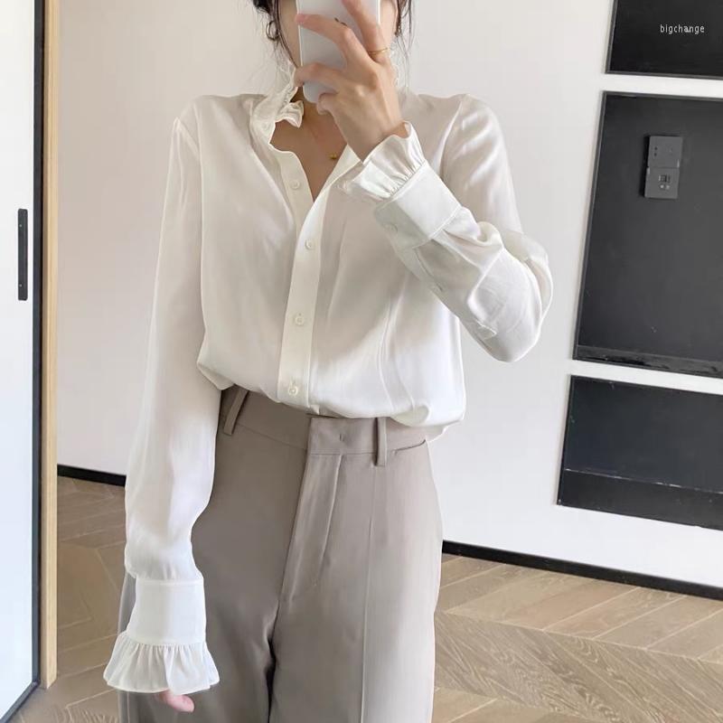 

Women' Blouses Gentle And Elegant Petal-neck Double Georgette Silk Long-sleeved Women Shirt, White