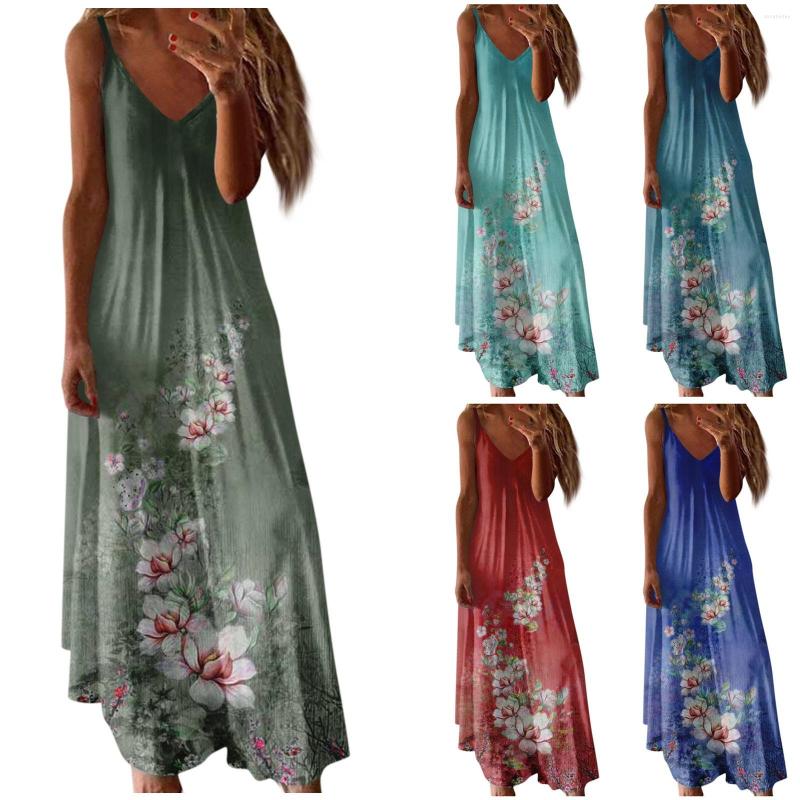 

Casual Dresses Spring Summer Floral Print Long Dress Boho V Neck Sleeveless Lace Patchwork Party For Women Fashion Holiday Maxi, Light blue