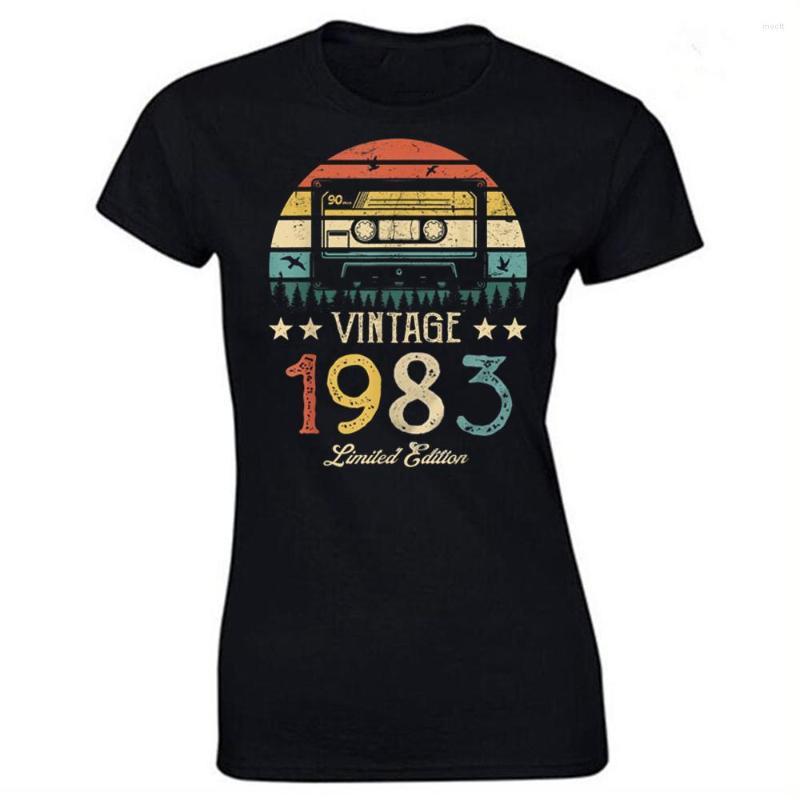 

Women's T Shirts Vintage 1983 Limited Edition Retro Cassette Women Shirt 40th 40 Years Old Birthday Party Girlfriend Gift Black T-shirt, White