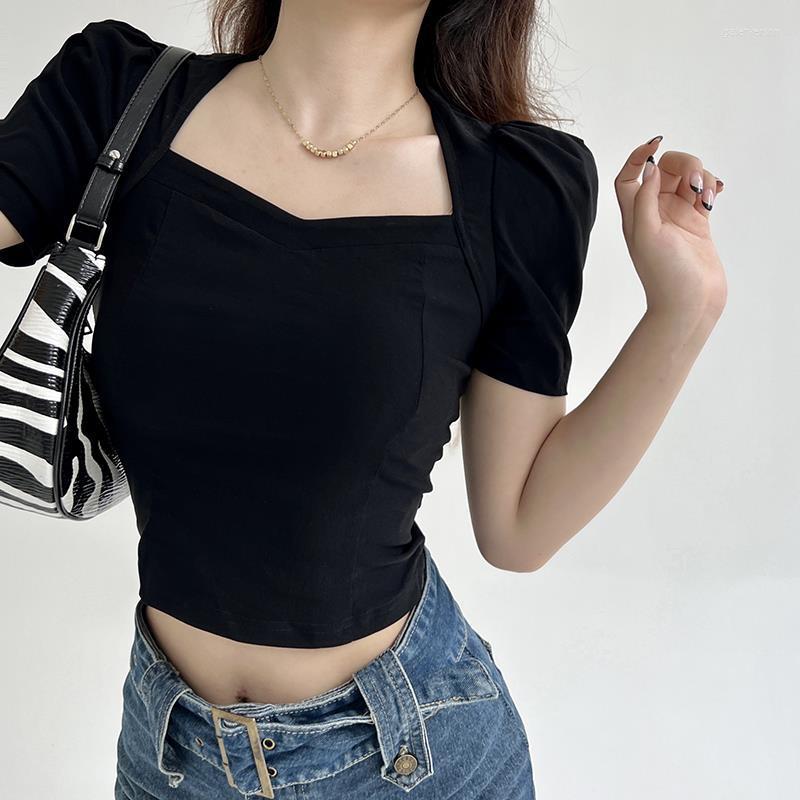 

Women' T Shirts 2023 Summer Women' French Bubble Sleeve Slim Waist Short Temperament T-shirt, Black