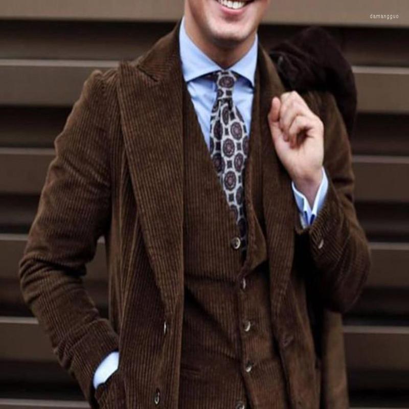 

Men's Suits Brown Corduroy 3 Pieces Formal Men Suit Fall Winter Warm High Quality Peaked Lapel Groom Wedding Tuxedo (Jacket Trousers Vest), Auburn