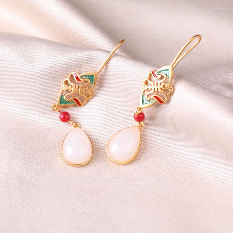 

Dangle Earrings In Ancient Gold Craft Retro Enamel Natural An Jade Water Droplets For Women Chinese Style Engagement Jewelry