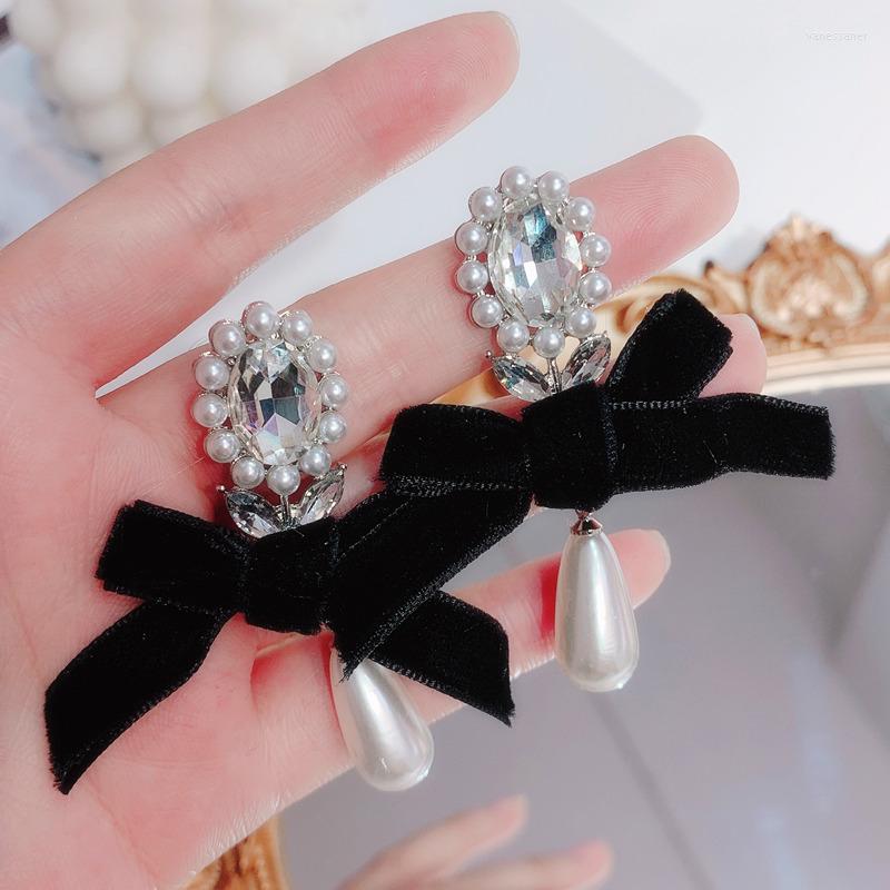 

Dangle Earrings MWSONYA Fashion Korea Vintage Velvet Ribbon Bowknot For Women Girls Crystal Pearl Water Drop Jewelry Gift