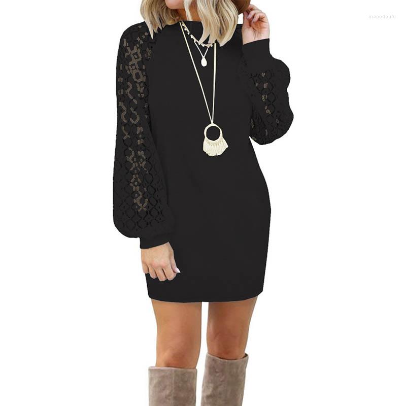 

Casual Dresses Fall O-neck Lace Patchwork Knit Women Elegant Long Sleeve Party Dress Winter Fashion Solid Office Lady Vestidos, 08 navy blue