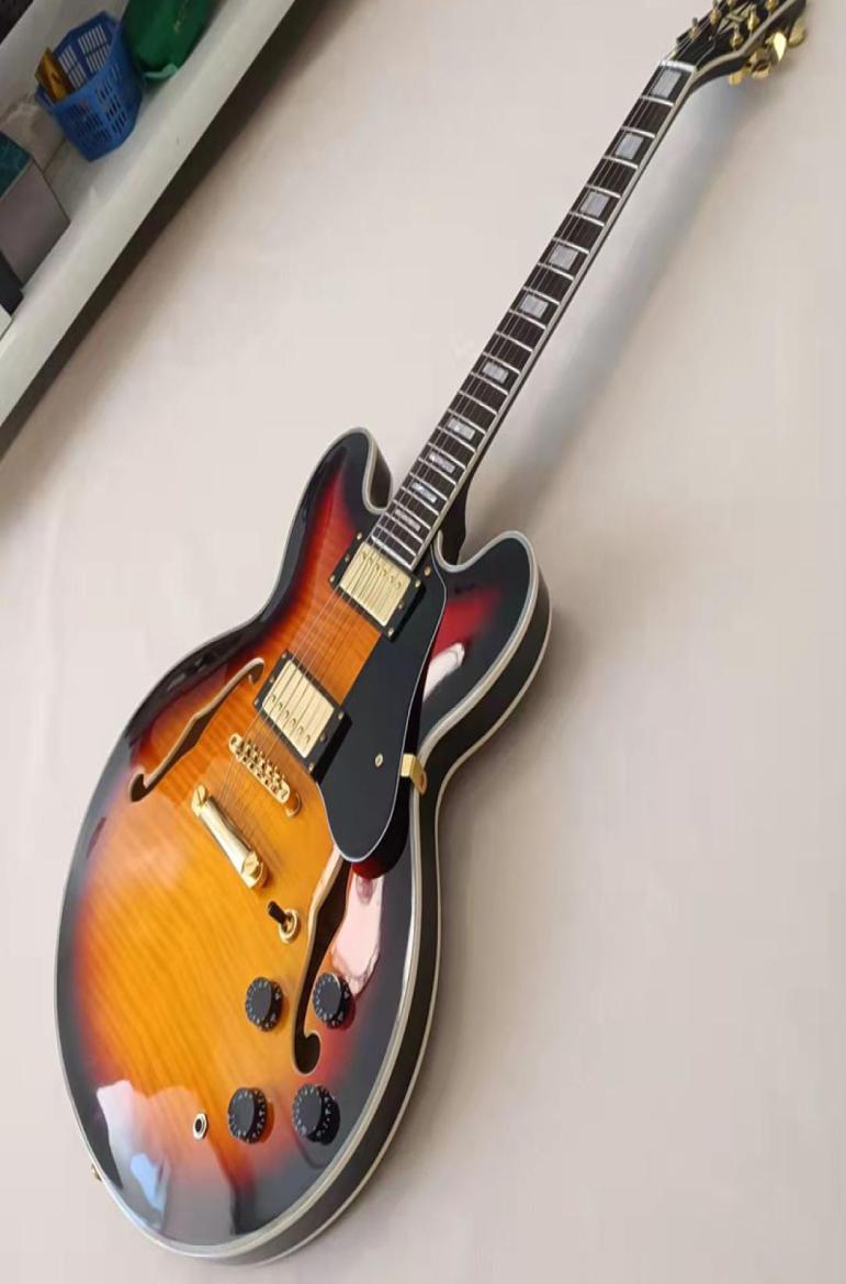 

Memphis 335 Semi hollow Sunset Jazz Electric Guitar Flame Maple veneer side and back shell inlay custom binding9863262